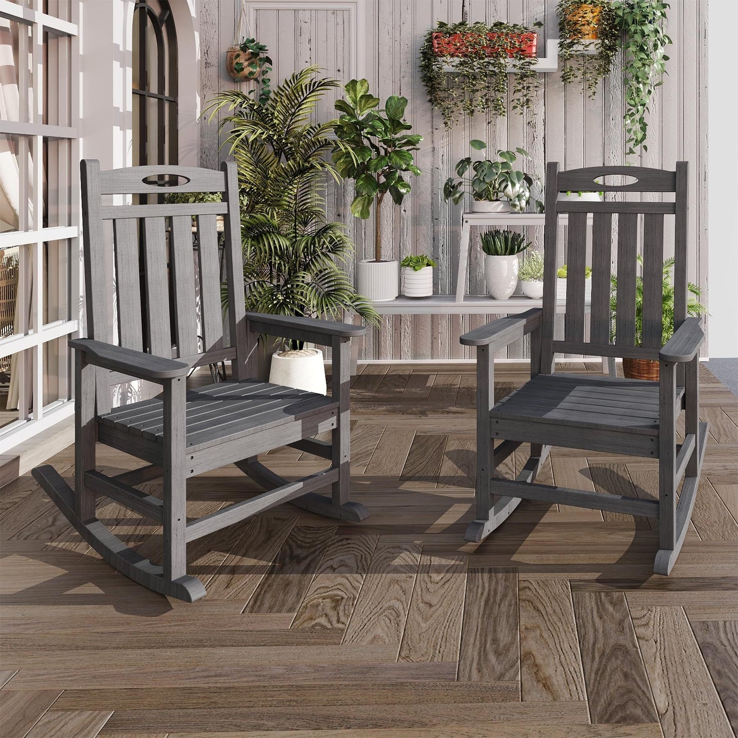Outdoor Rocking Chair Set of 2, HDPE Patio Rocking Chair for Adults, Oversized Outdoor Rocker for Porch Garden Lawn,Grey