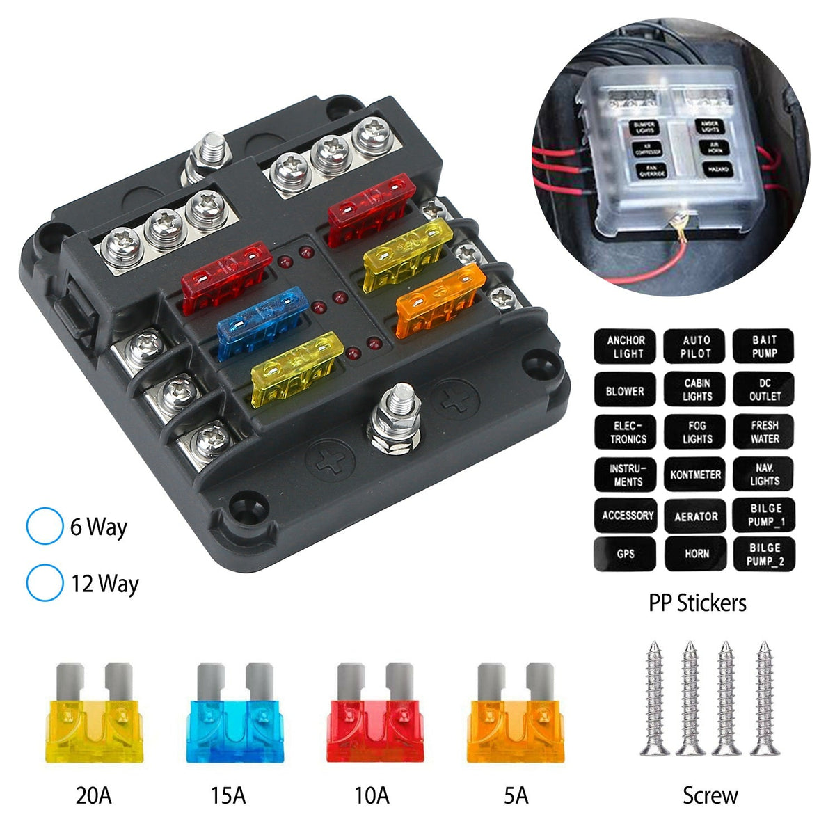 6-Way Fuse Box Holder w/ LED Indicator 6 Circuit Blade Fuse Block Sticker Label For 12-32V Automotive Boat Car SUV Marine