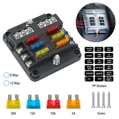 6-Way Fuse Box Holder w/ LED Indicator 6 Circuit Blade Fuse Block Sticker Label For 12-32V Automotive Boat Car SUV Marine