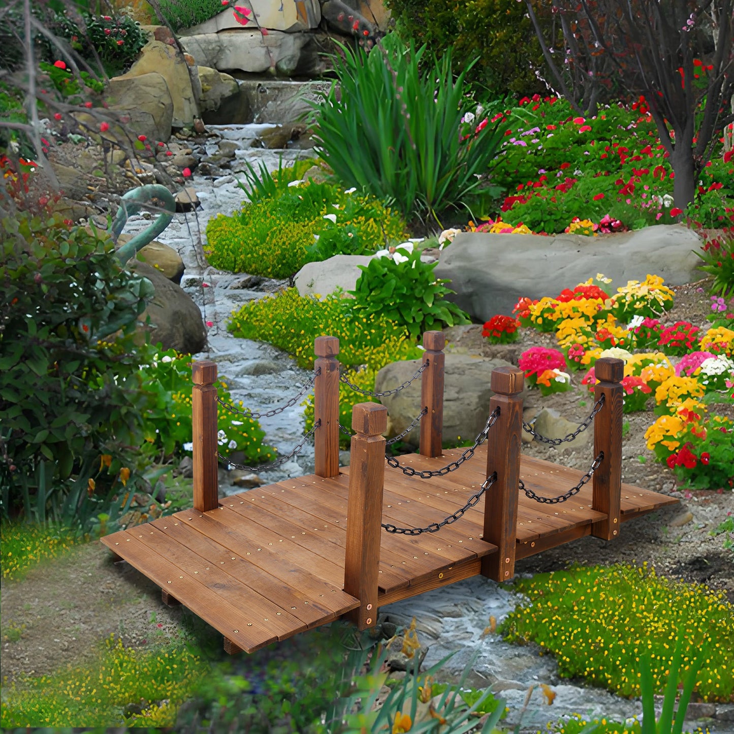 5 Ft Wooden Garden Bridge, Stained Wood Arc Footbridge with Chain Railings