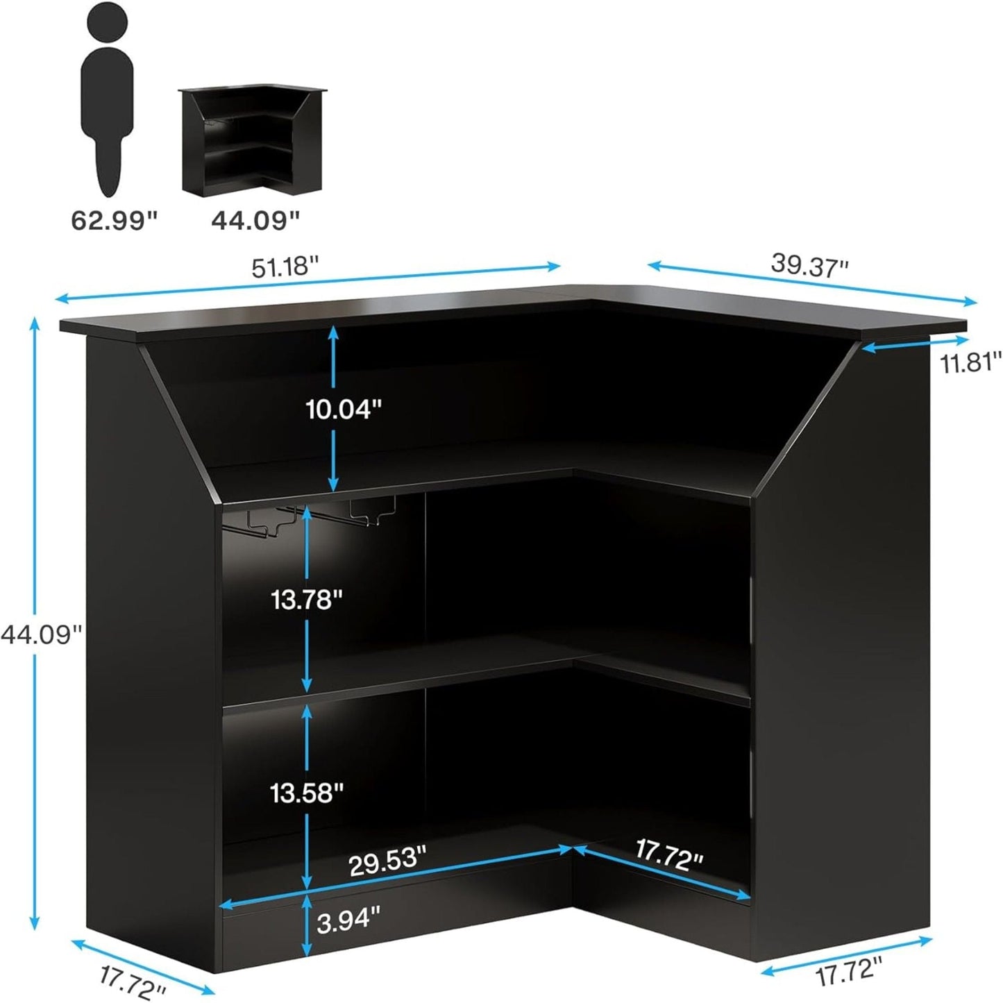 L-Shaped Home Bar Cabinet With Stemware Racks, 4 Tier Corner Unit, Liquor Wine Bar Table & Reception Desk For Home Pub - Black