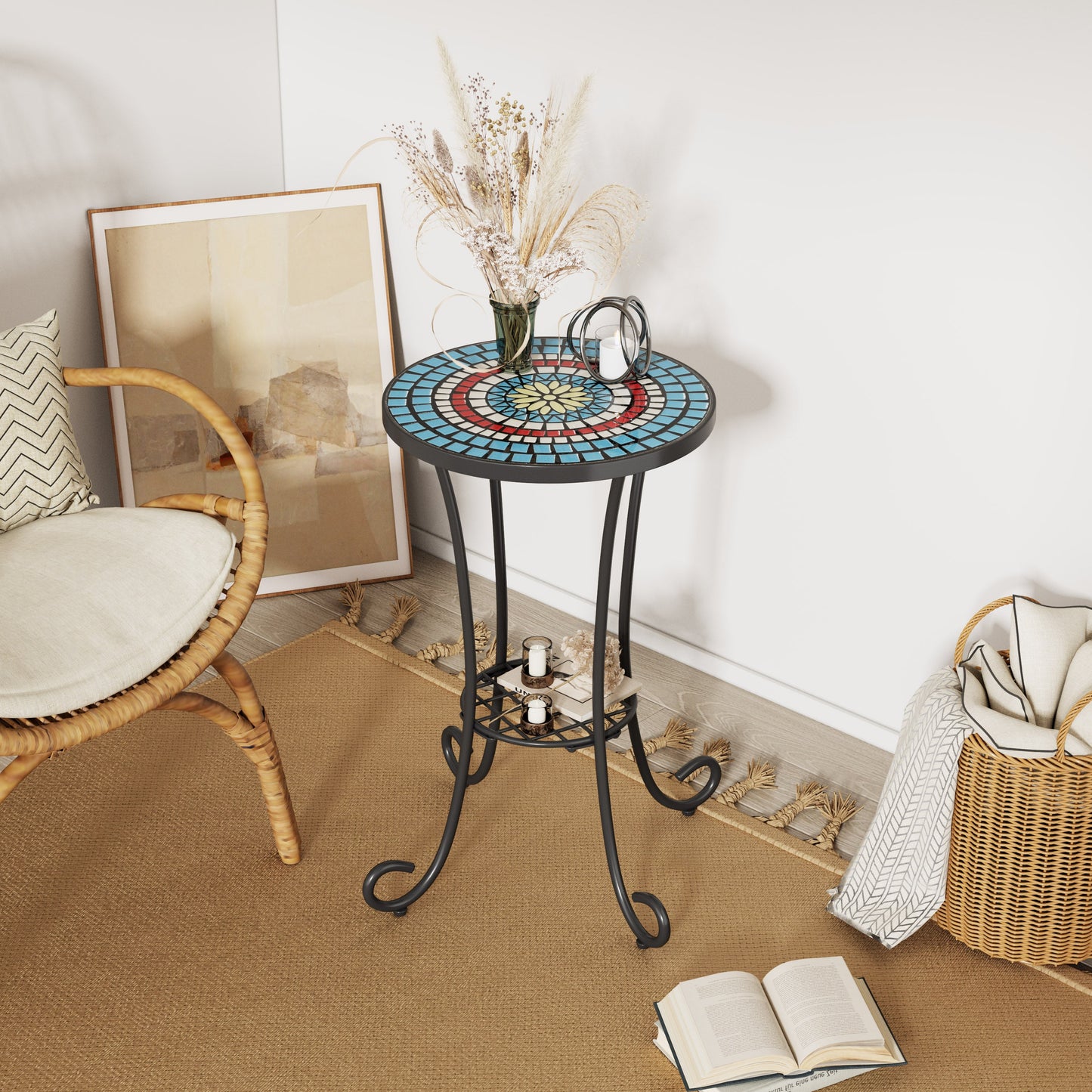 Patio Side Table with Shelf, Blue and Black
