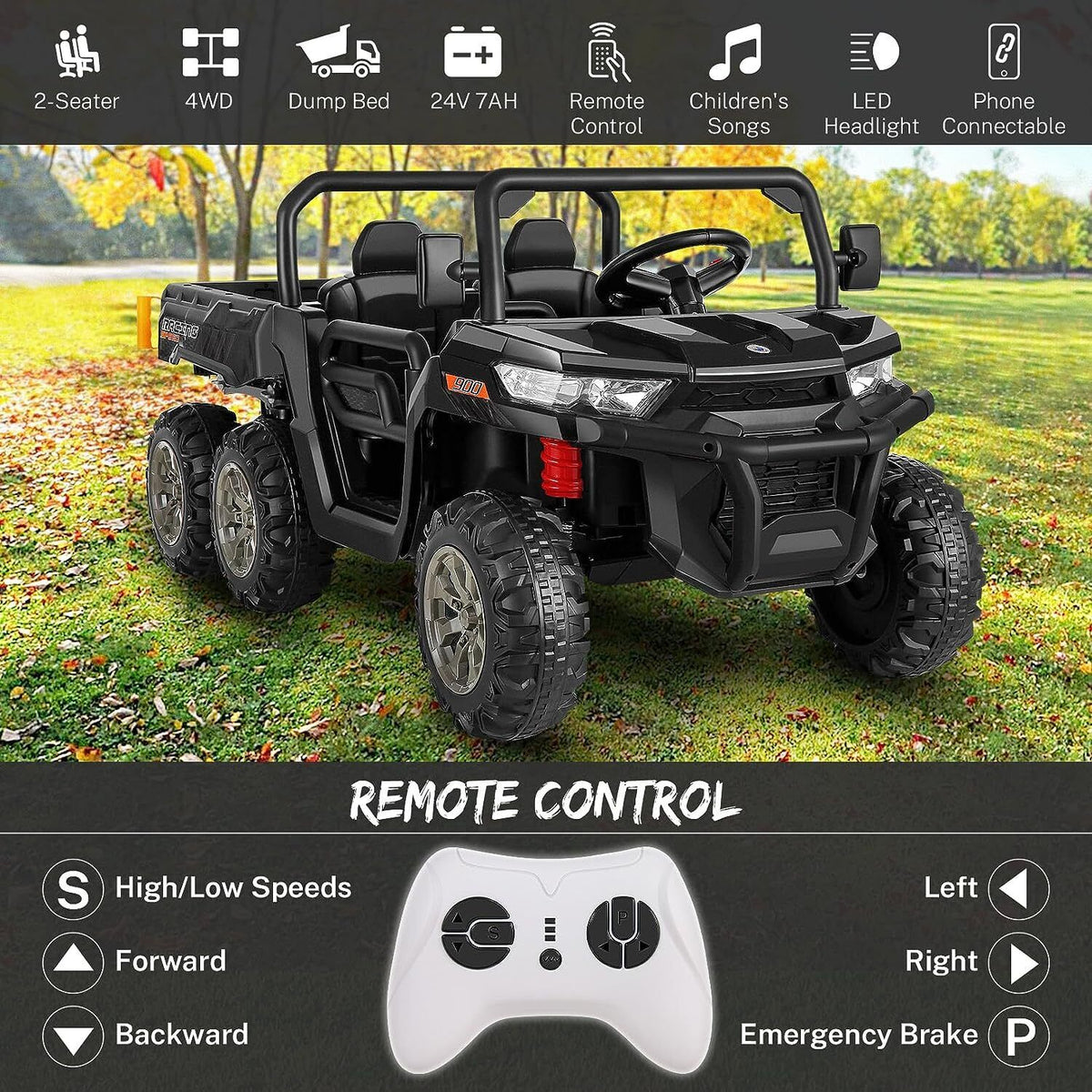 Hikole 24V 2-Seater Battery-Powered Kids Ride On Tractor with Dump Bed and RC Control