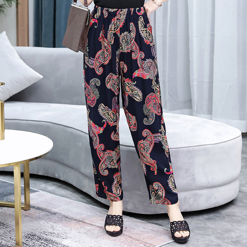 Vibrant Red & Blue Floral Cotton Linen Bloomers | Plus Size Breathable Mother Pants High-Waisted Comfort Slacks