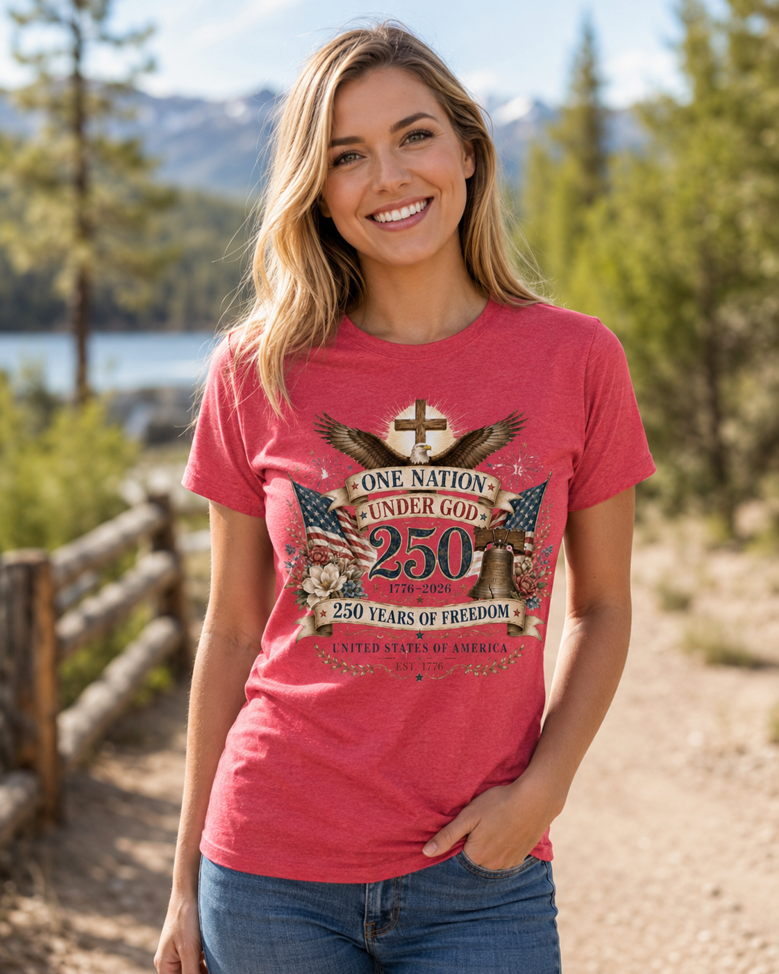 Ladies Vintage T-Shirt One Nation Under God Patriotic Freedom