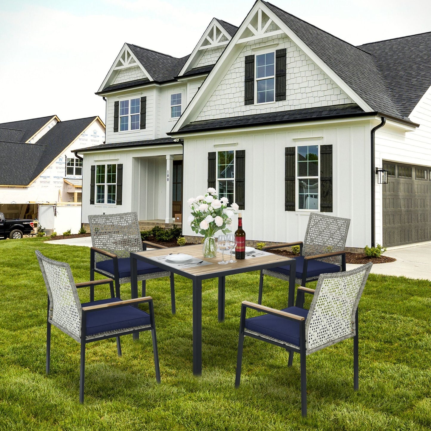 5 Piece Patio Dining Table Set, Acacia Wood Table Top With Umbrella Hole