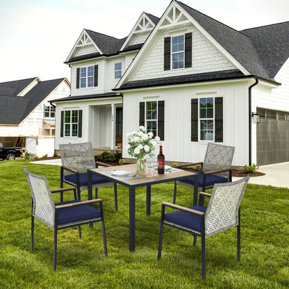 5 Piece Patio Dining Table Set, Acacia Wood Table Top With Umbrella Hole