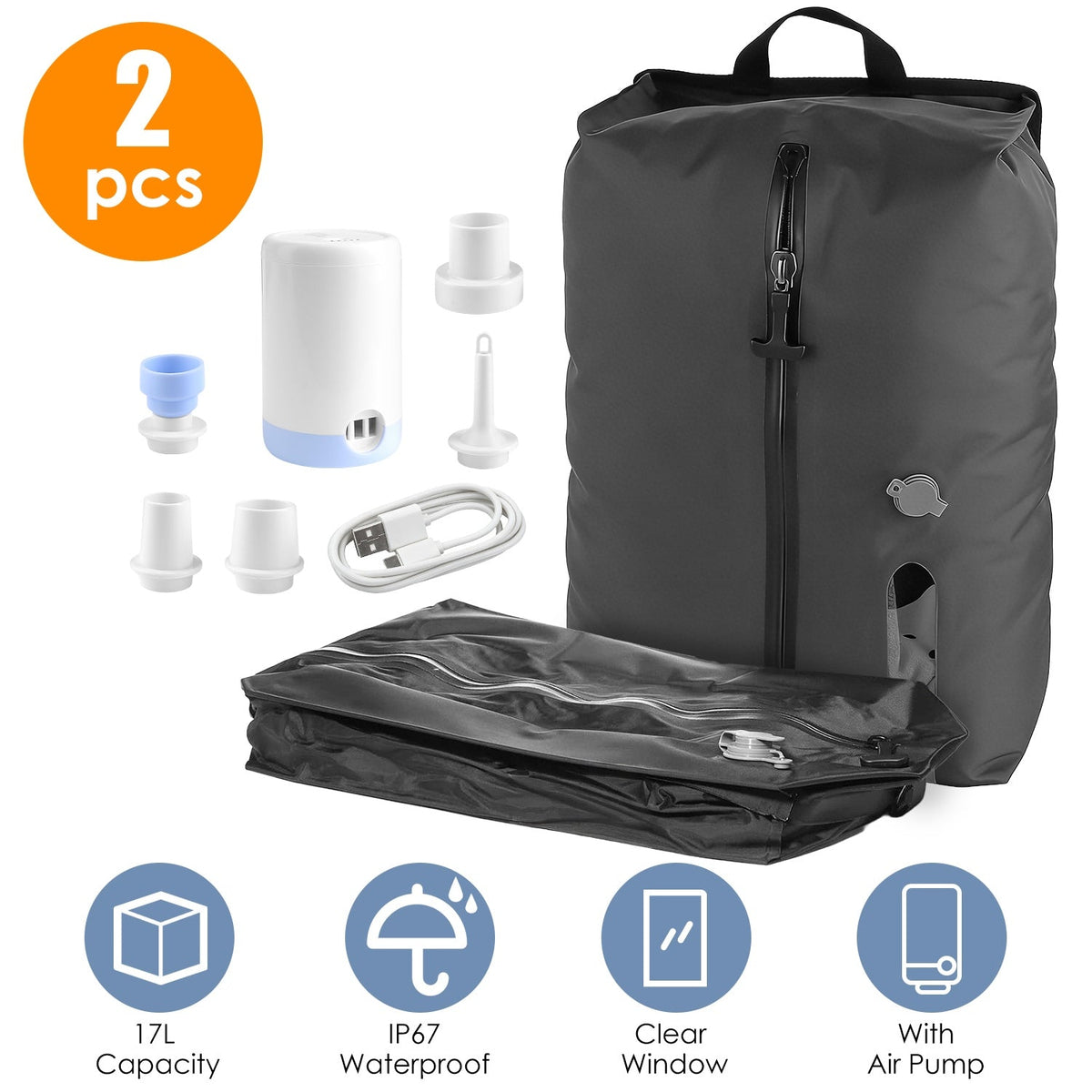 17L Vacuum Storage Bags with Rechargeable Pump (2-Pack)