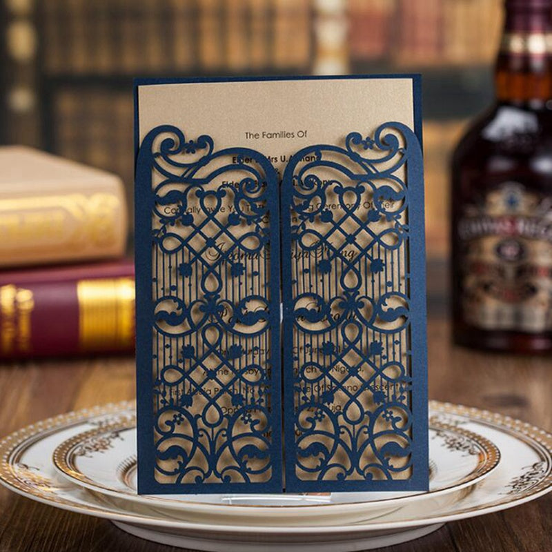 Personalized Navy Blue Laser Cut Wedding Invitation | Custom Tri-Fold Elegant Floral Gate Design Cards for Weddings, Quinceañeras & Special Events