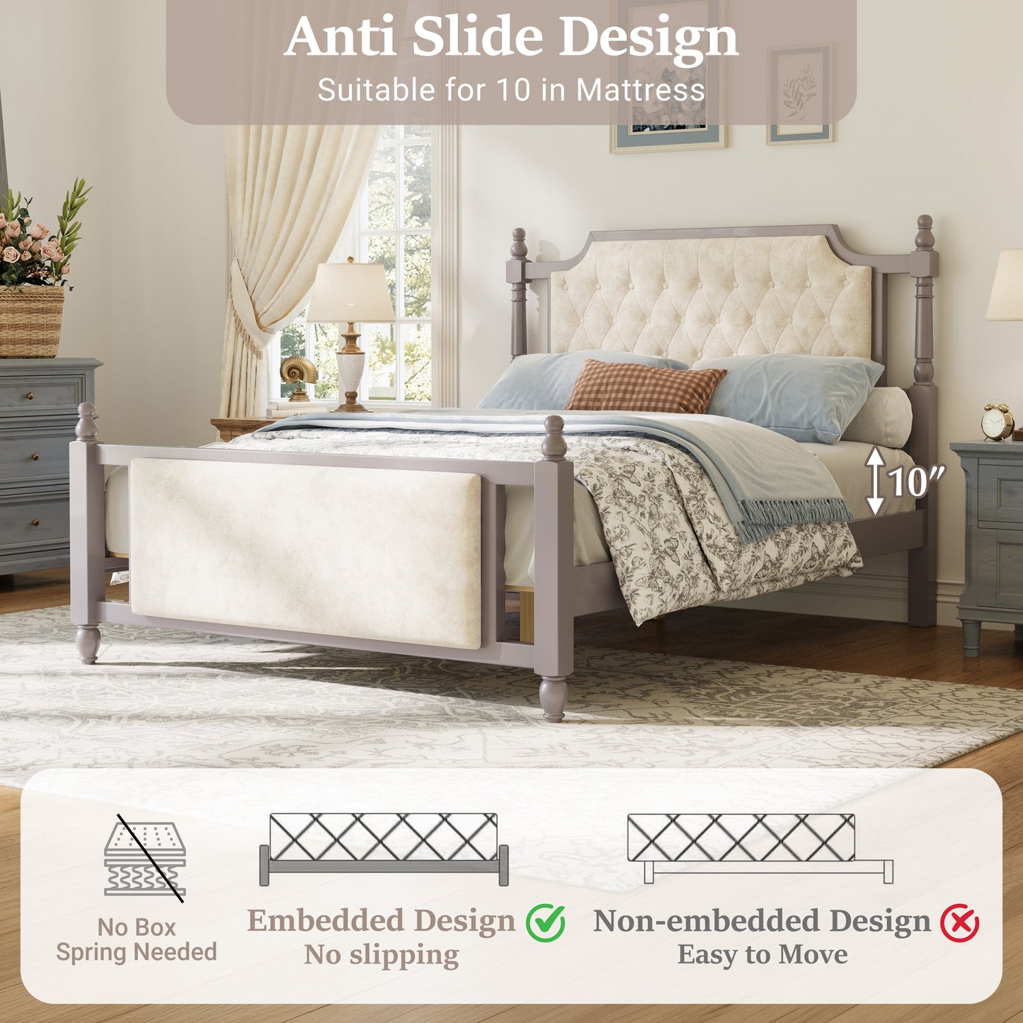 Queen Size Upholstered Platform Bed with Button Tufted Headboard