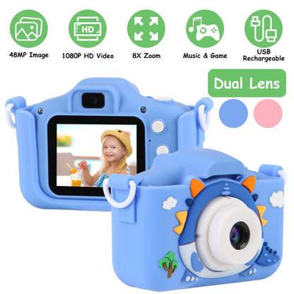 Dinosaur Kids Selfie Camera Cartoon Camera 48MP 1080P HD Digital Camera with Cartoon Case Card Reader 32G MMC Card for Boys Girls Aged 6+ Years Old