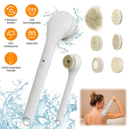 Electric Bath Brush Body Scrubber Rechargeable Massaging Spin Brush with 6 Shower Brush Heads 3 Rotating Modes Extended Handle