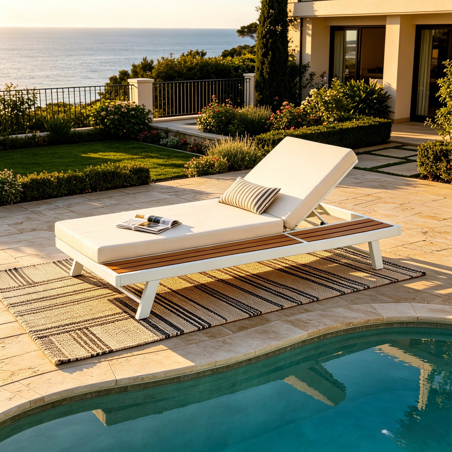 White Iron and Teak Finish Chaise Lounge Set with Cream Cushion