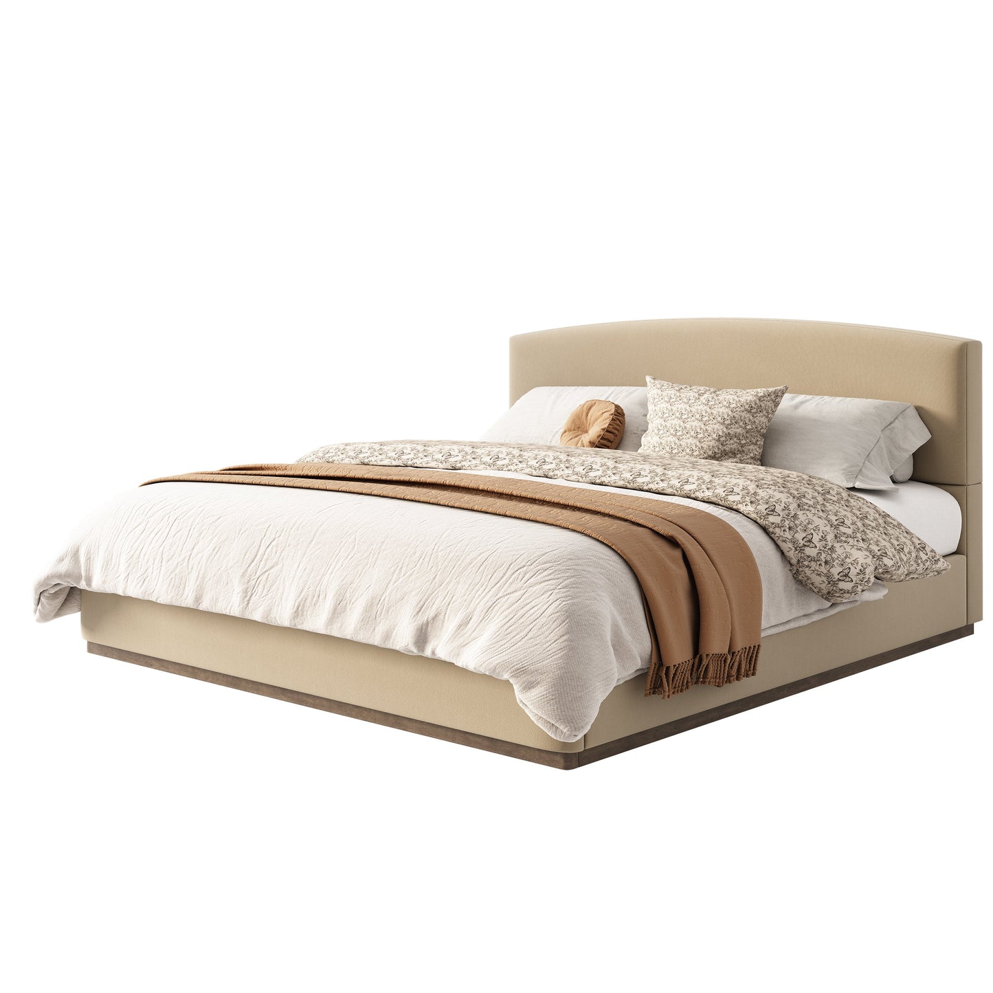 King Size Upholstered Bed Frame With Velvet Fabric Thick Headboard, Solid Wood Base, Camel