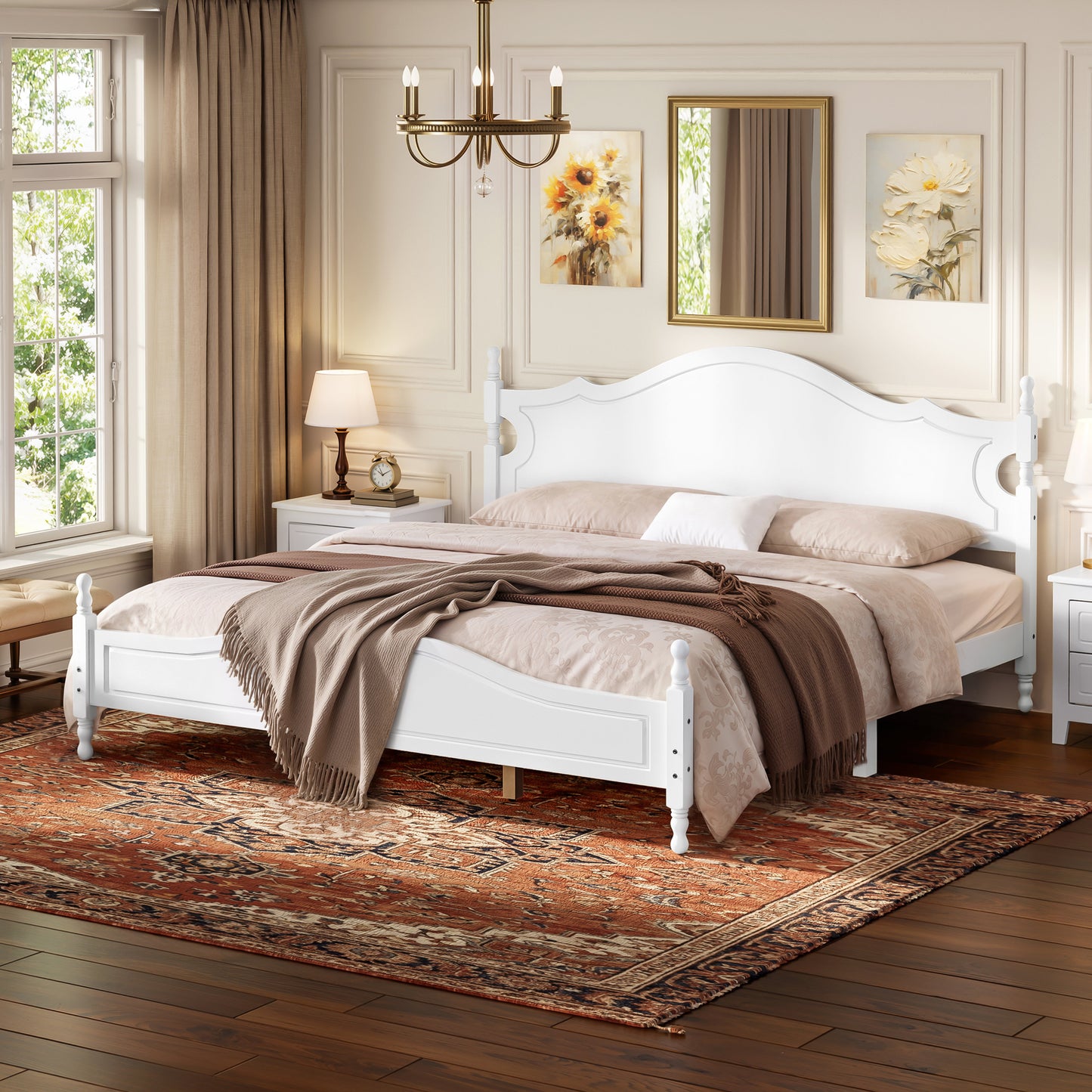 King Bed Frame with Headboard, Retro Style Wooden Platform Bed