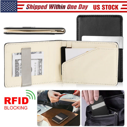 Unisex PU Leather Wallet RFID Blocking Slim Bifold Credit Card Holder with Money Clip