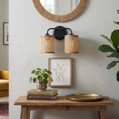 Quell - Double Light Vanity With Natural Shade Wall Lamp - Black / Rattan