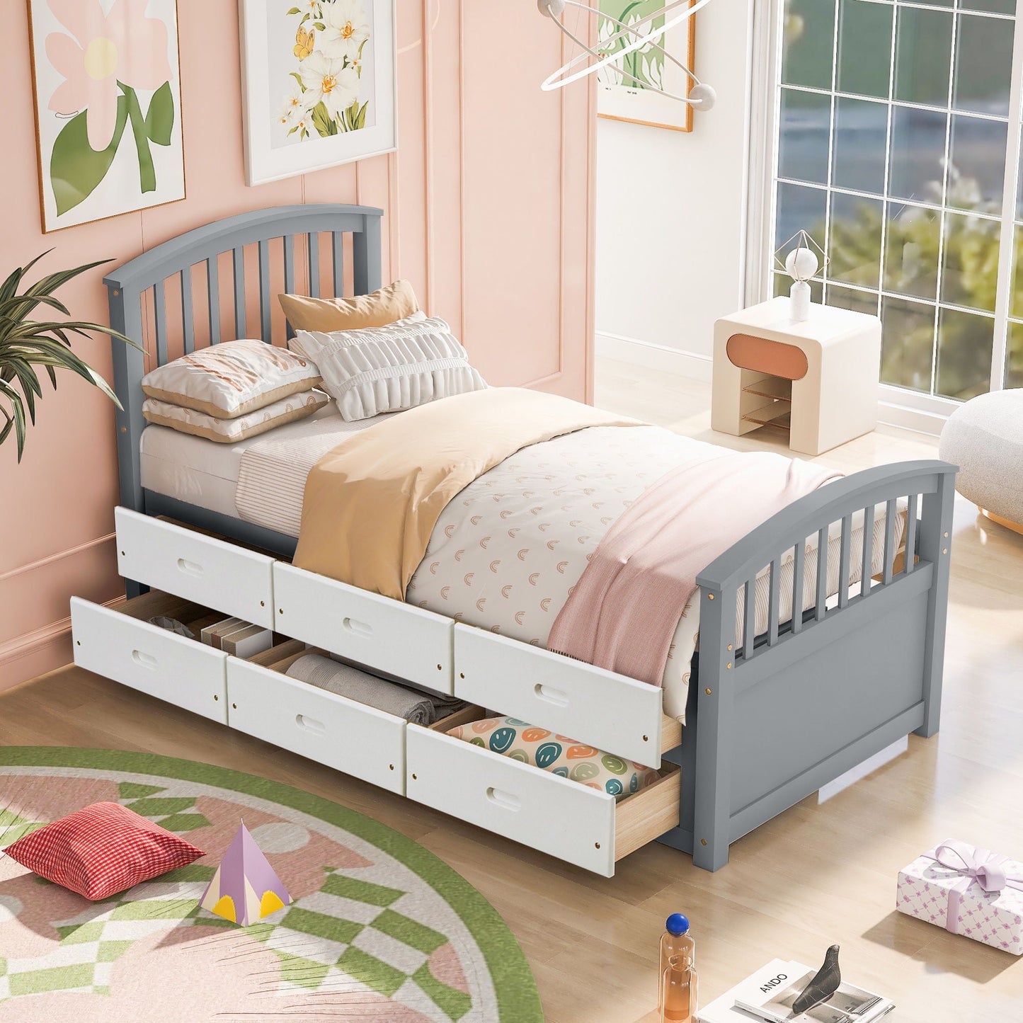 Platform Storage Bed Solid Wood Bed With 6 Drawers