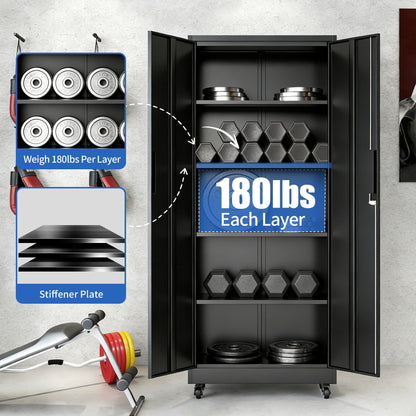 Storage Cabinet With Wheels And Lock, 4 Adjustable Shelves, 3 Point Locking Security, For Tool Organization In Garage - Black