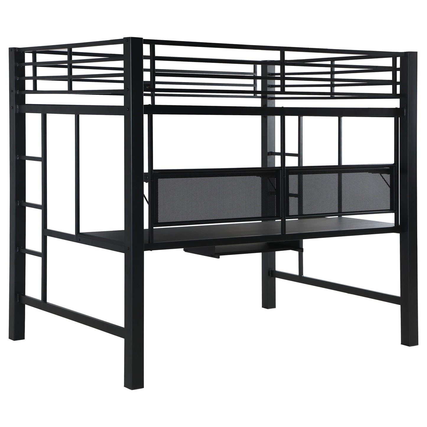 Ranier - Full Workstation Loft Bed, Full Length Desk, Safety Rails And Storage Shelves - Black