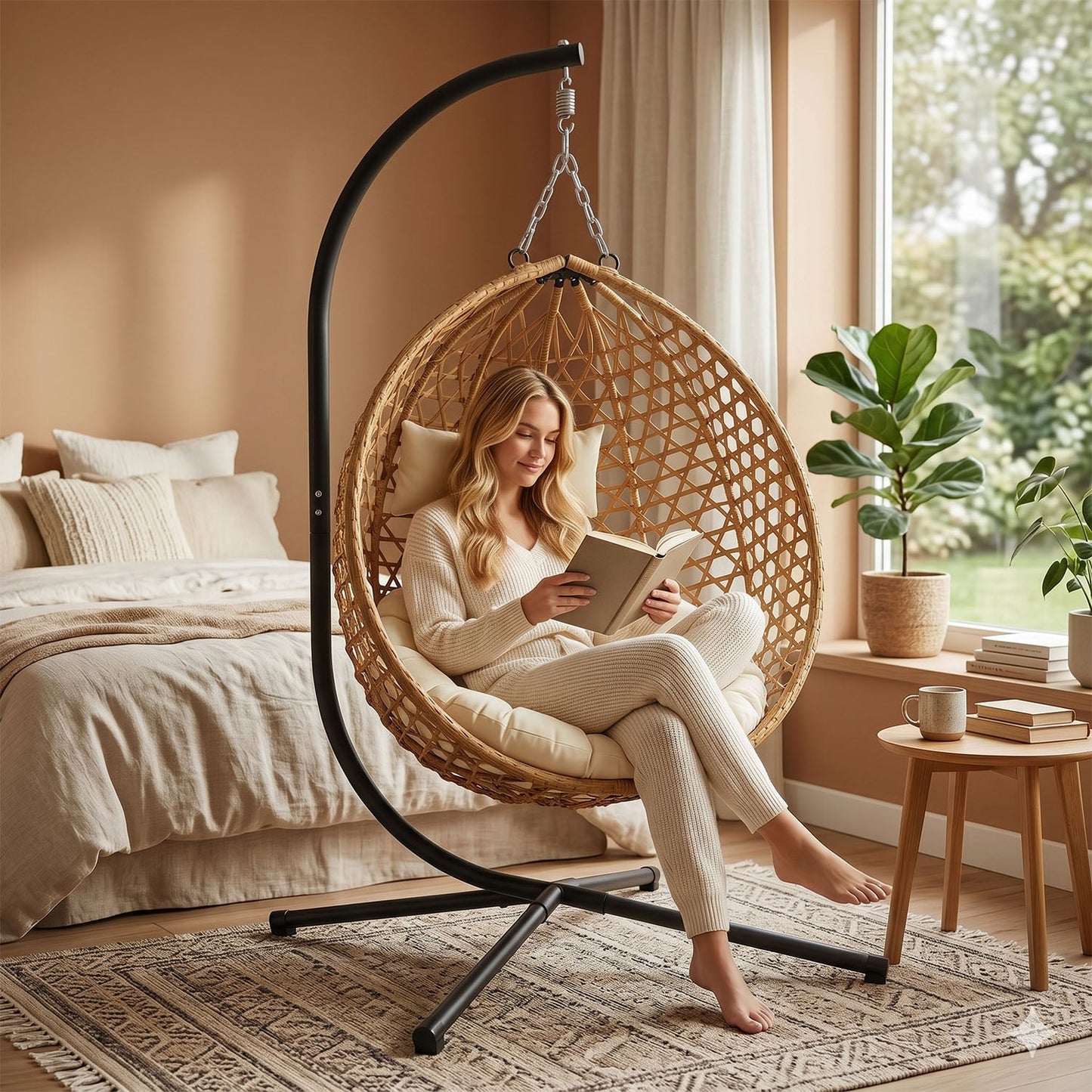 Folding PE Rattan Hanging Egg Chair with Stand