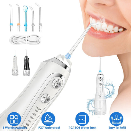 Portable Water Dental Flosser Cordless Rechargeable Dental Oral Irrigator IPX7 Waterproof Teeth Cleaner with 5 Modes 5 Nozzles 10.14oz Detachable Wate
