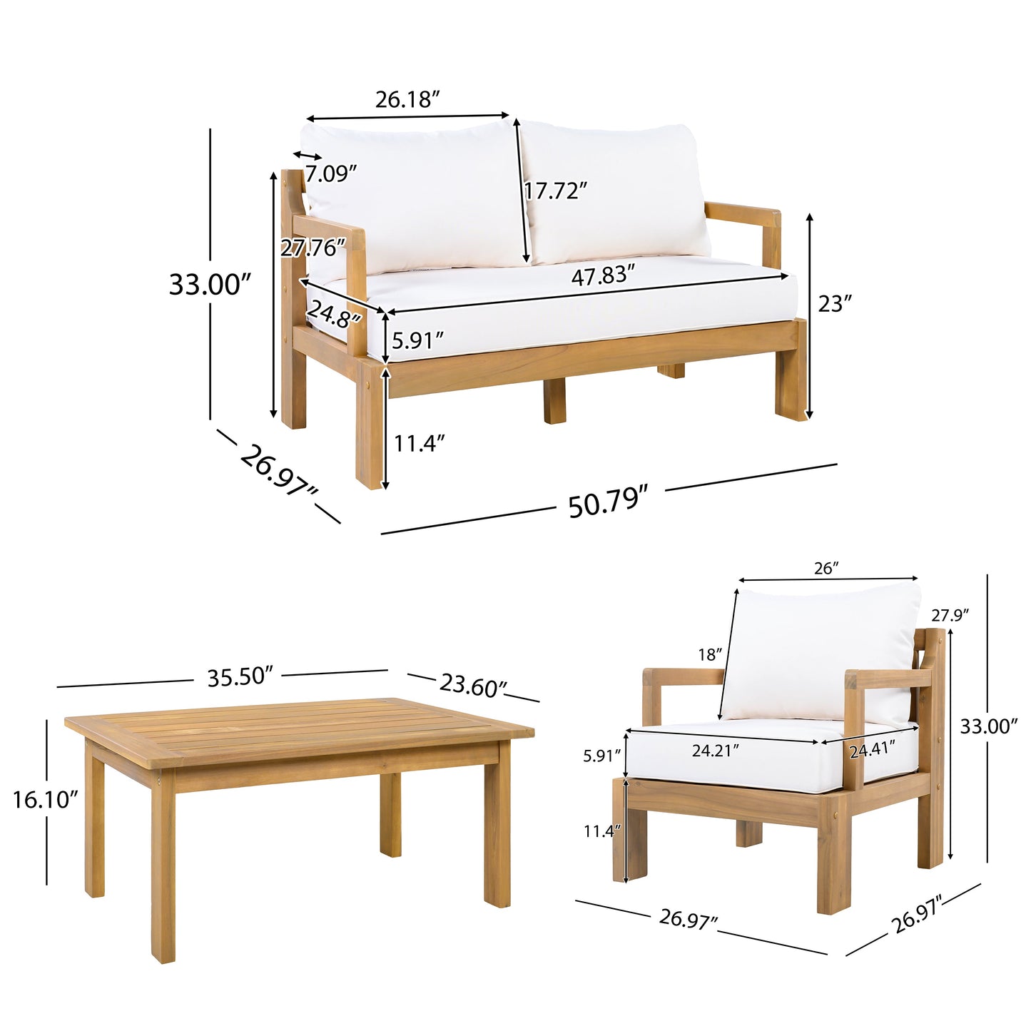 Outdoor 4-Seater Acacia Wood Patio Chat Set, Beige + Natural