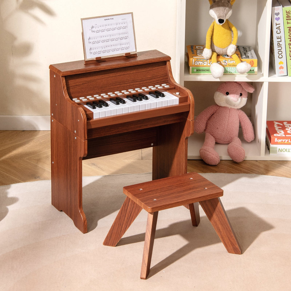 25 Keys Kids Piano Keyboard with Stool Mini Digital Piano Wooden Toy with Adjustable Speed and Volume