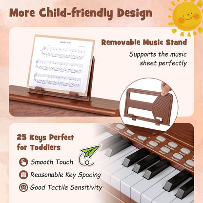 25 Keys Kids Piano Keyboard with Stool Mini Digital Piano Wooden Toy with Adjustable Speed and Volume