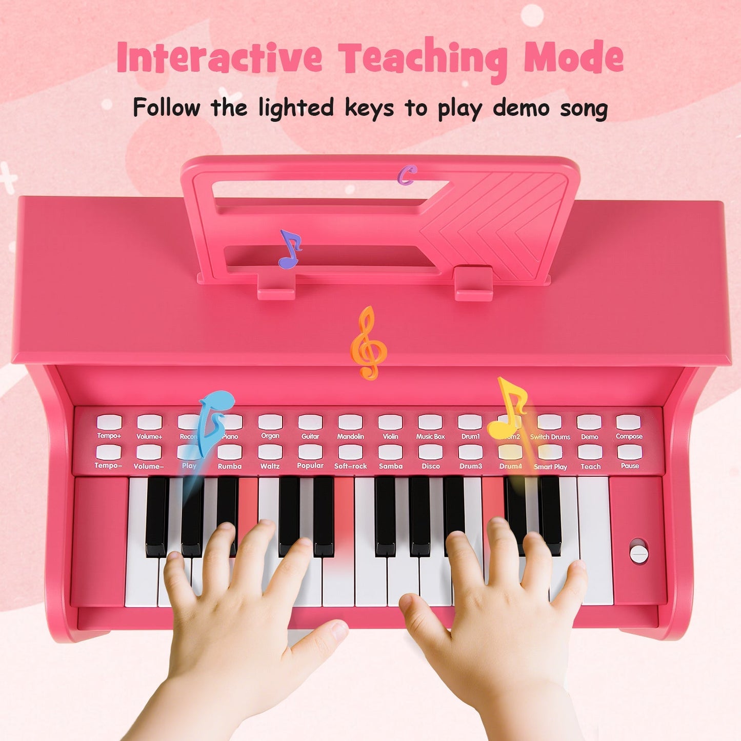 25 Keys Kids Piano Keyboard with Stool Mini Digital Piano Wooden Toy with Adjustable Speed and Volume
