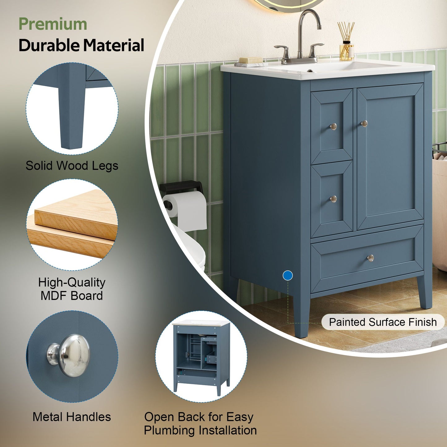 Modern Bathroom Vanity With Sink, Soft Close Drawers & Door, Storage Rack