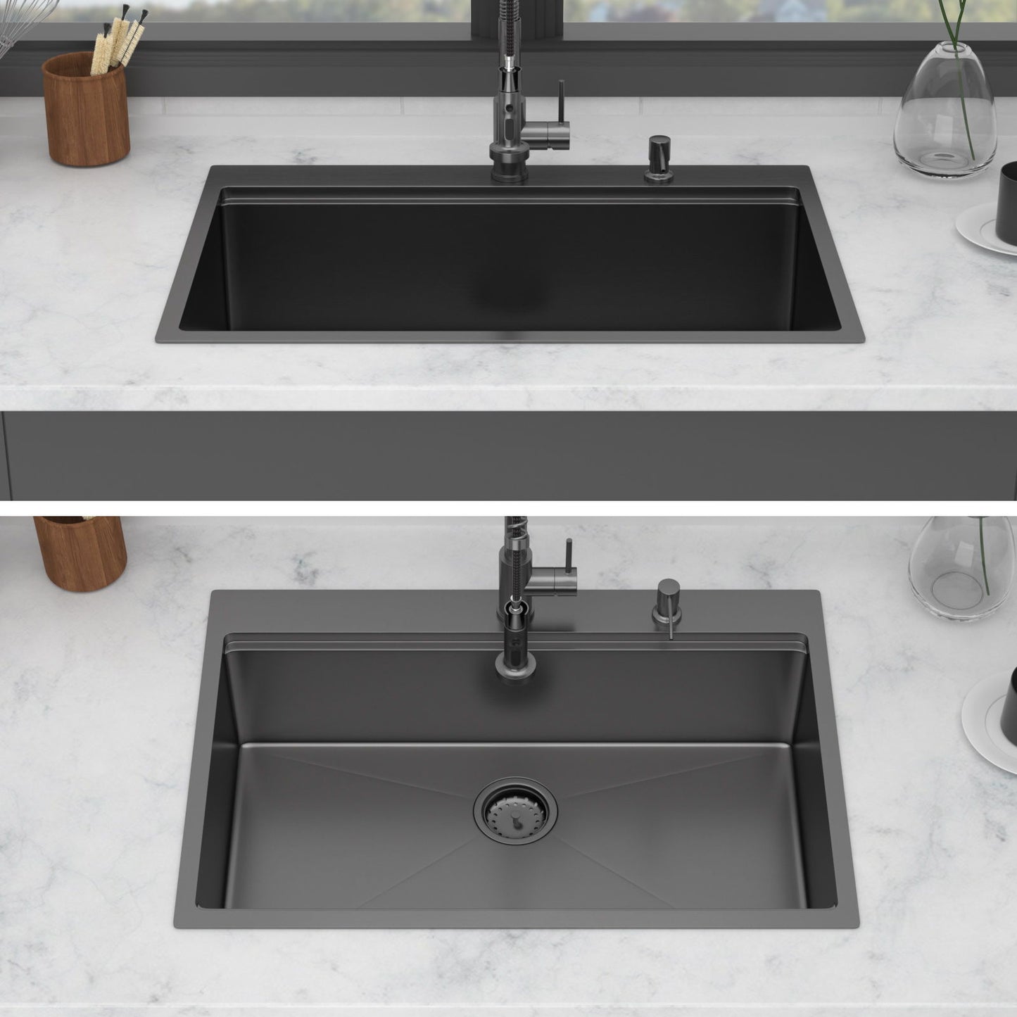 Drop In Workstation Sink Topmount Single Bowl With Pull Out Faucet And Soap Dispenser - Gunmetal Black