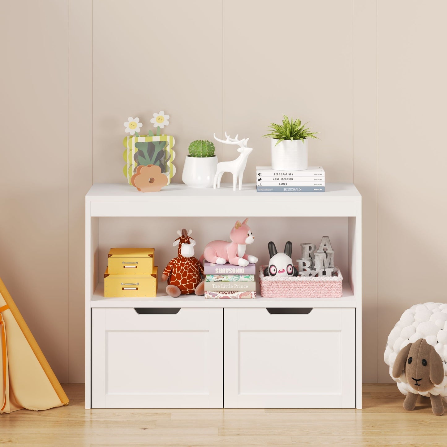 Book Organizer With Large Drawers And Open Shelves, Toy Storage Cabinet - White