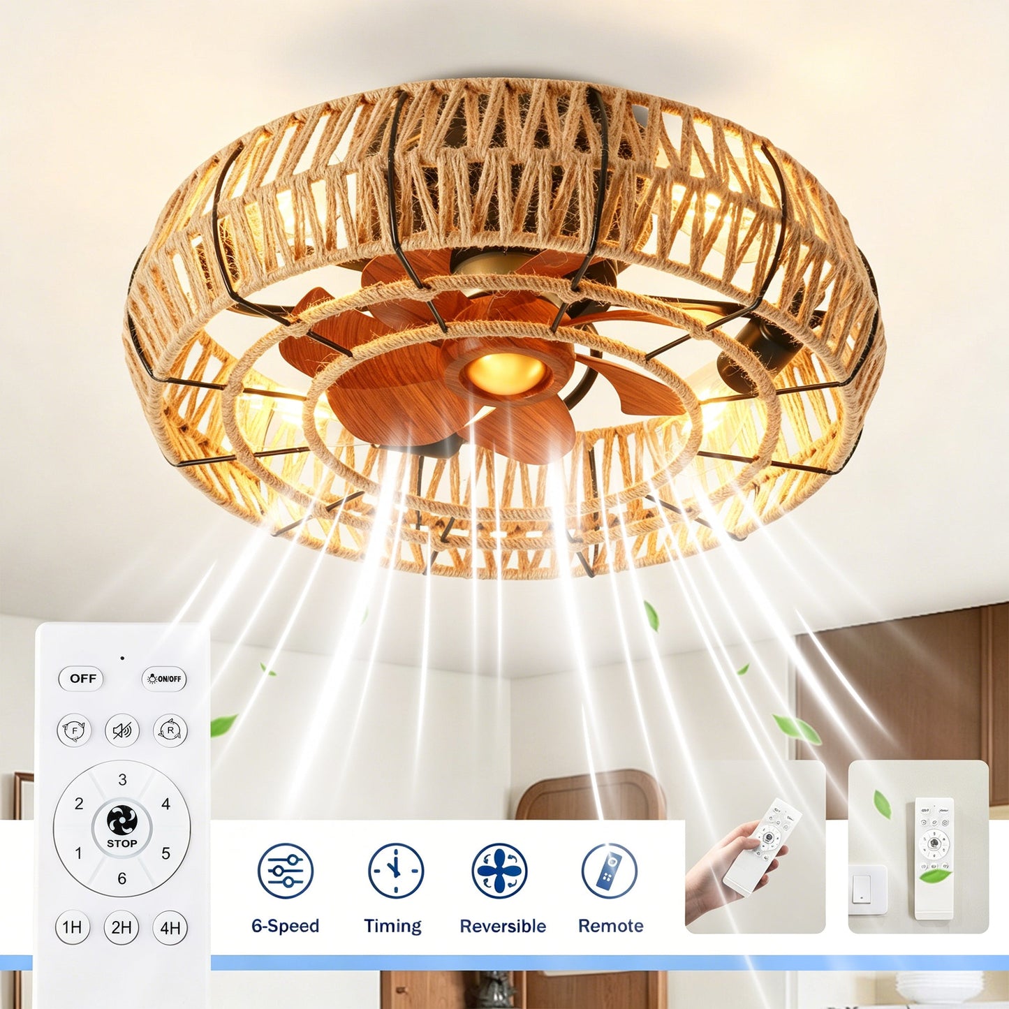 20" Rope Caged Flush Mount Ceiling Fan with Light Kit and Remote Control