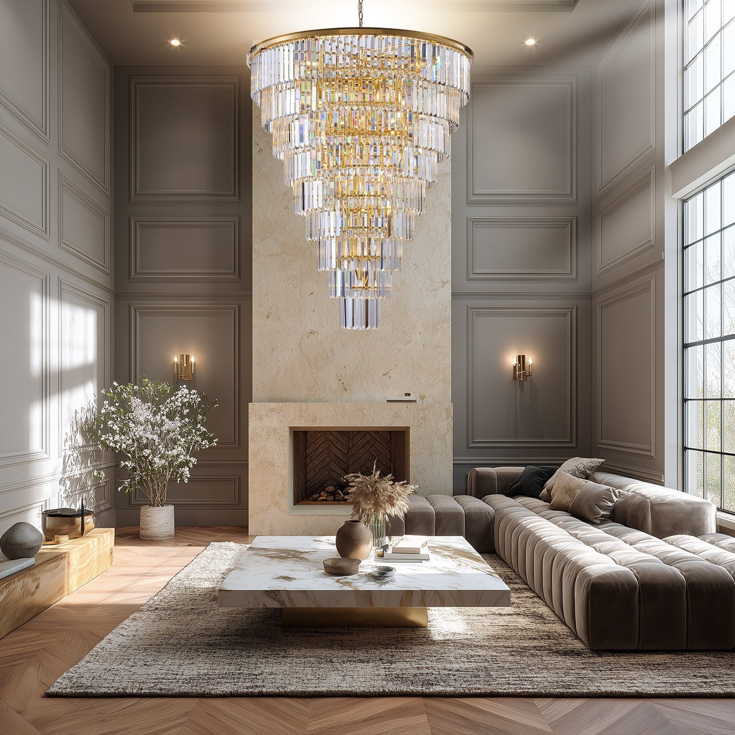 48-Inch Gold Tiered Crystal Tube Chandelier