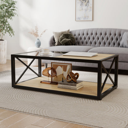 Modern Coffee Table with Tempered Glass and Natural Wood MDF Top