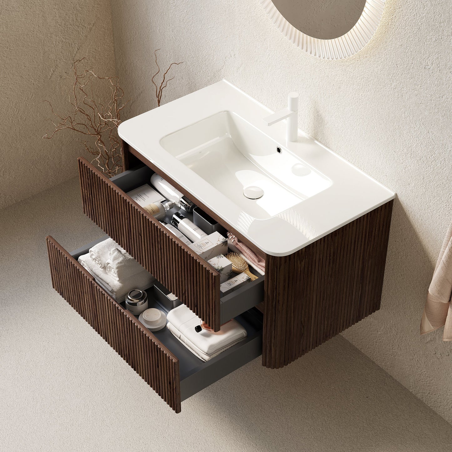 Noor 36" Bathroom Vanity with Sink, Wall-Mounted Floating Plywood Cabinet with 2 Drawers