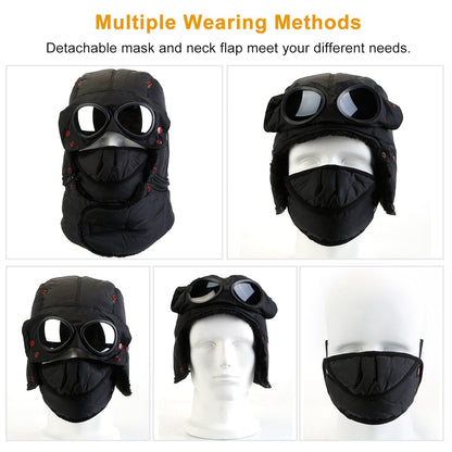 Unisex Thermal Winter Goggles Hat Warmth Trapper Trooper Cap Windproof Dustproof Breathable Hat w/ Neck Flap Detachable Face Mask For Skiing Cycling R