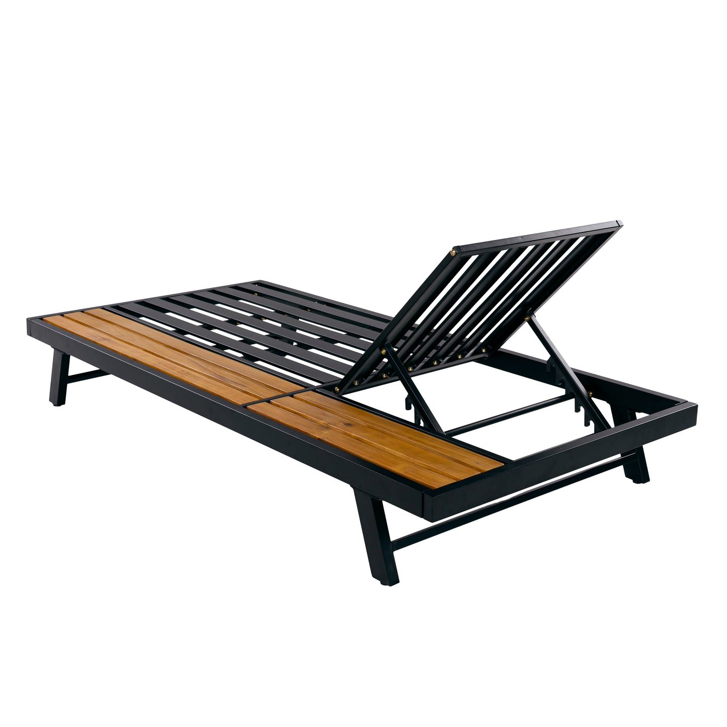 Black Iron + Teak Finish Wood Chaise Lounge Frame