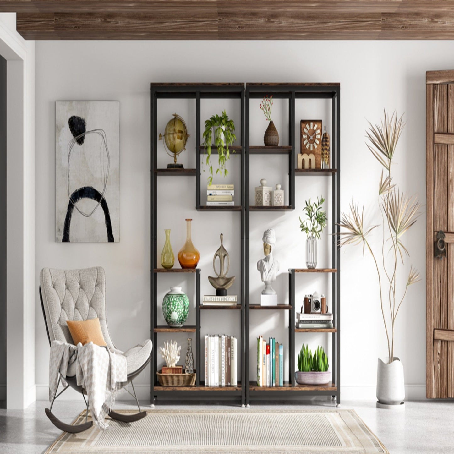 6 Tier, 8 Shelf Etagere Bookcase Storage Display Rack For Living Room - Rustic Brown