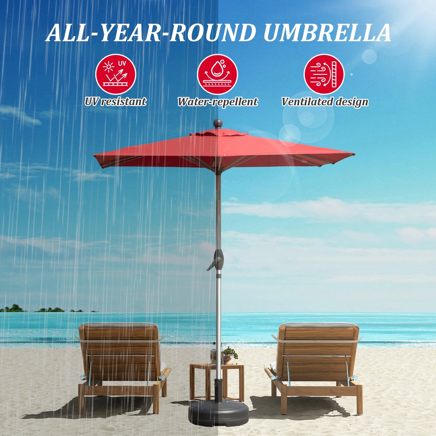 Rectangle Patio Umbrella with Crank Lift and Tilt Function, Brick