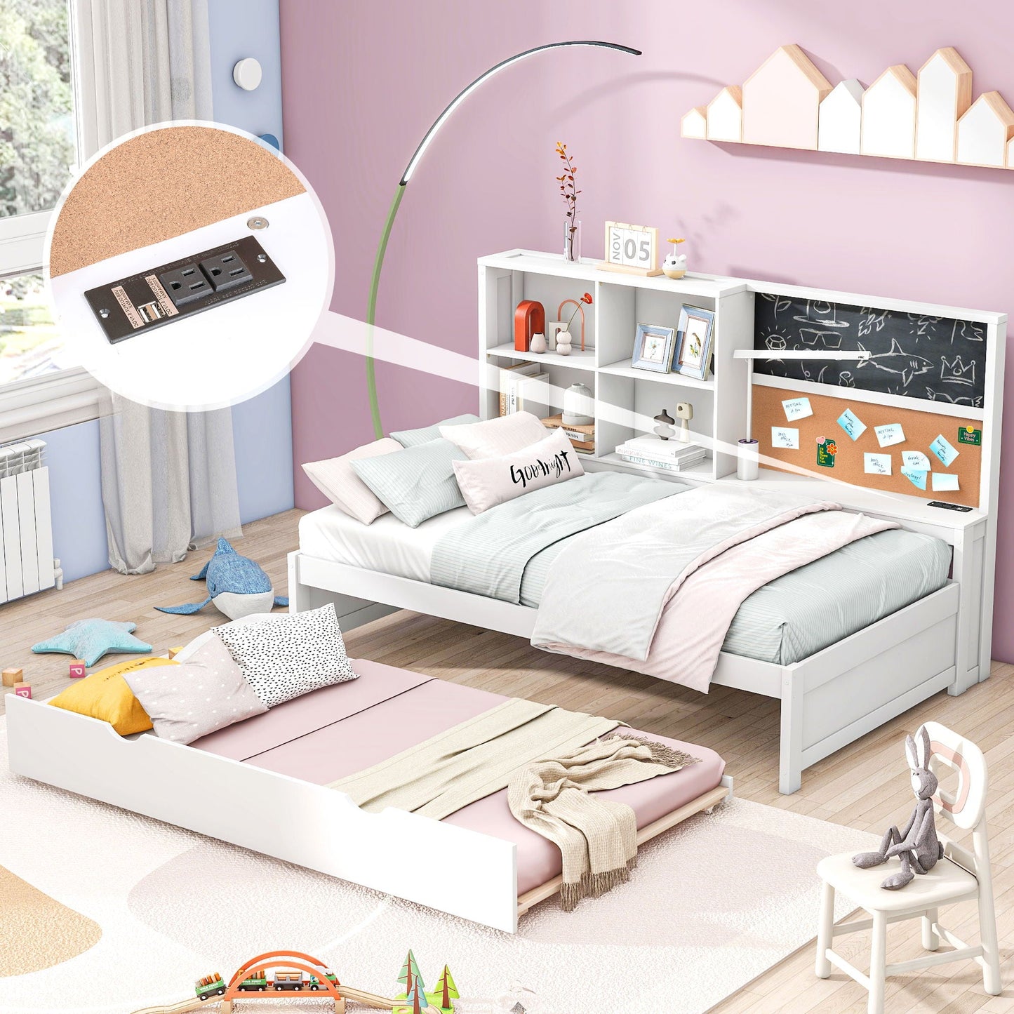 Twin Size Daybed With Storage Shelvesboard, Cork Board, USB Ports And Trundle - White