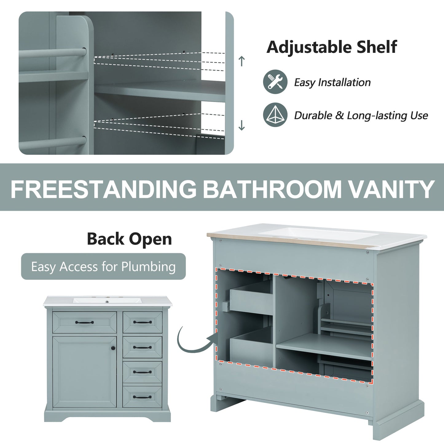 36" Bathroom Vanity with Ceramic Sink and Storage