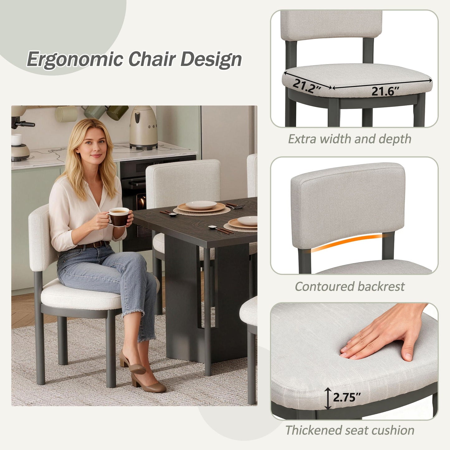 Dining Table Set With 6 Upholstered Chairs, Rectangular Table With Cutout Legs