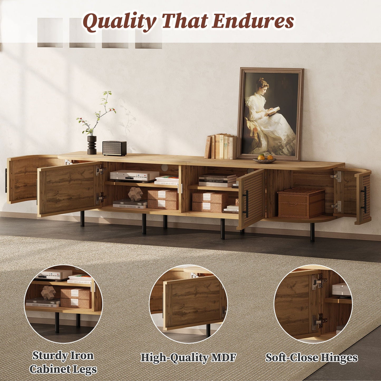70" TV Stand With Doors, Construction For TVs Up To 80" - Natural Wood