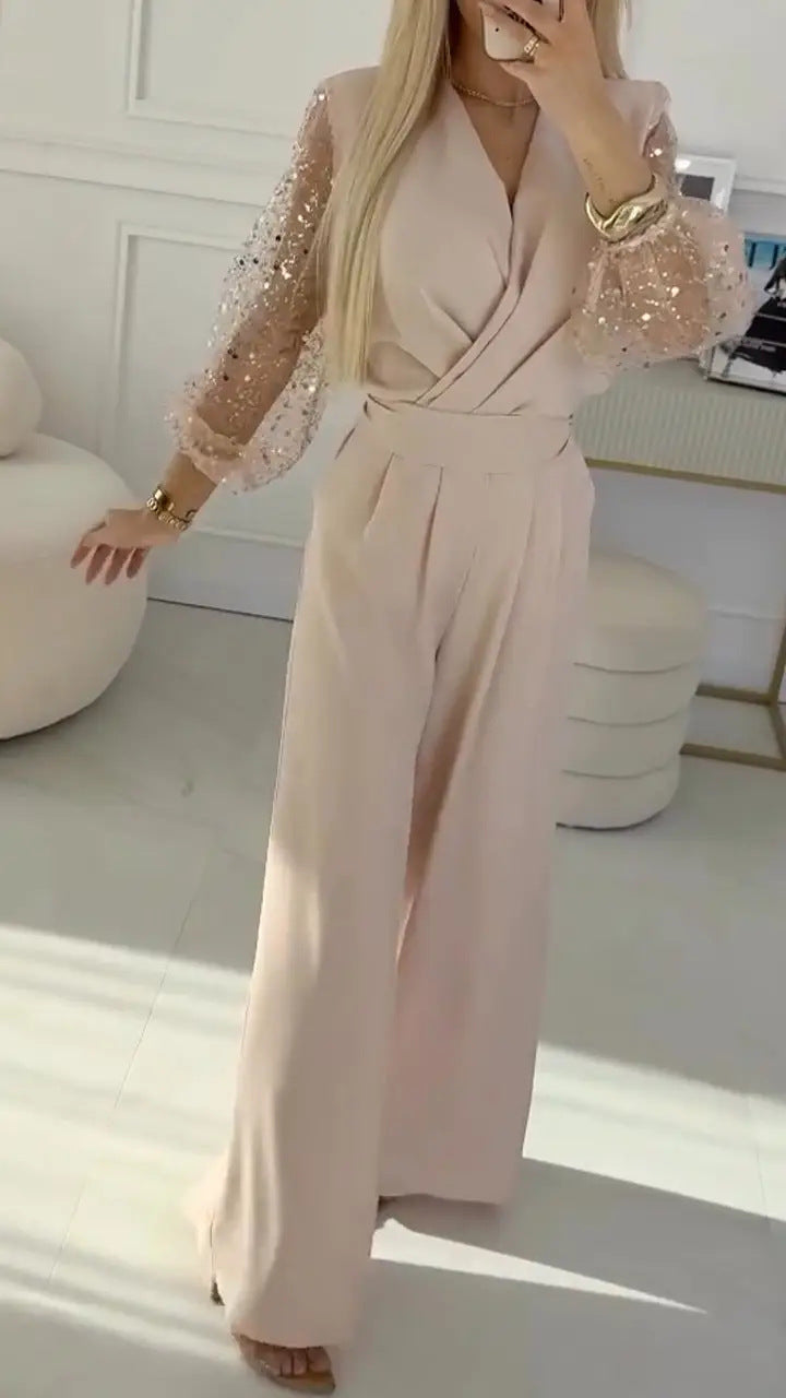 Sequined Top Wide Leg Pants Casual Suit Women
