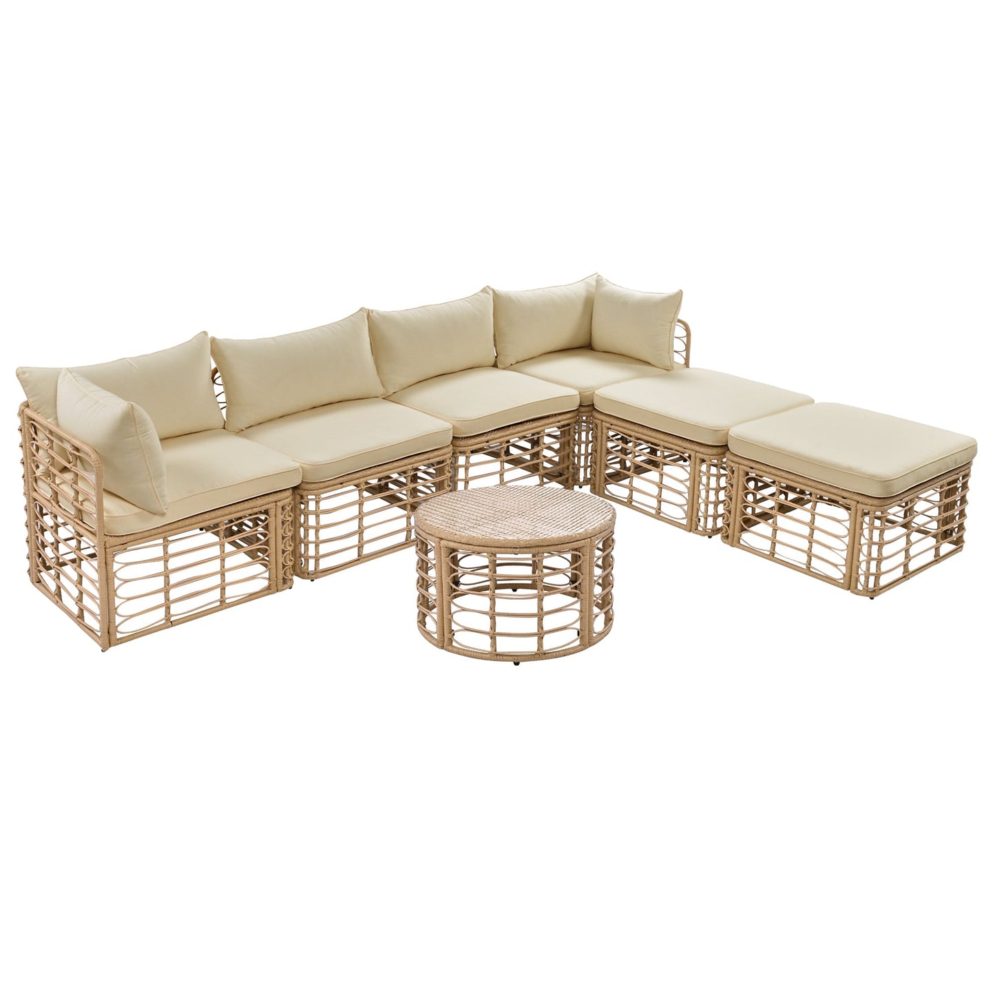 7 Pieces Outdoor Patio Furniture, All-Weather Rattan Sectional Sofa Set with Thick Cushions and Pillows, Freely Combined Conversation Sets for Garden, Backyard, Balcony, Brown