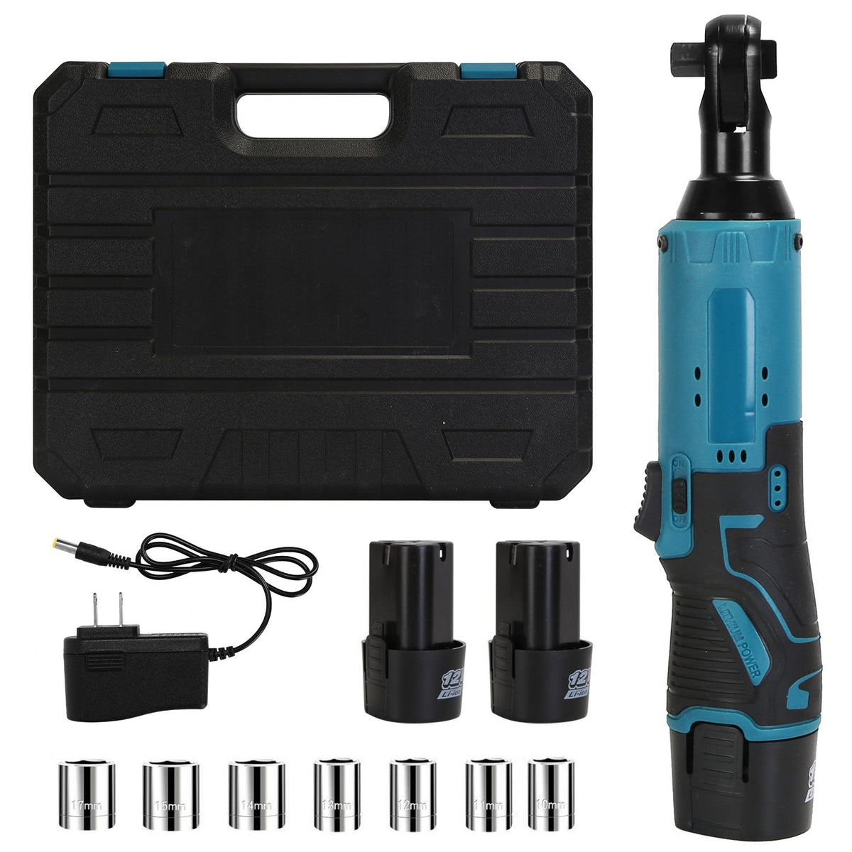3/8Ó Cordless Electric Ratchet Wrench Set Right Angle Wrench with 2Pcs 1200mAh Batteries and Charger 7 Sockets 400RPM