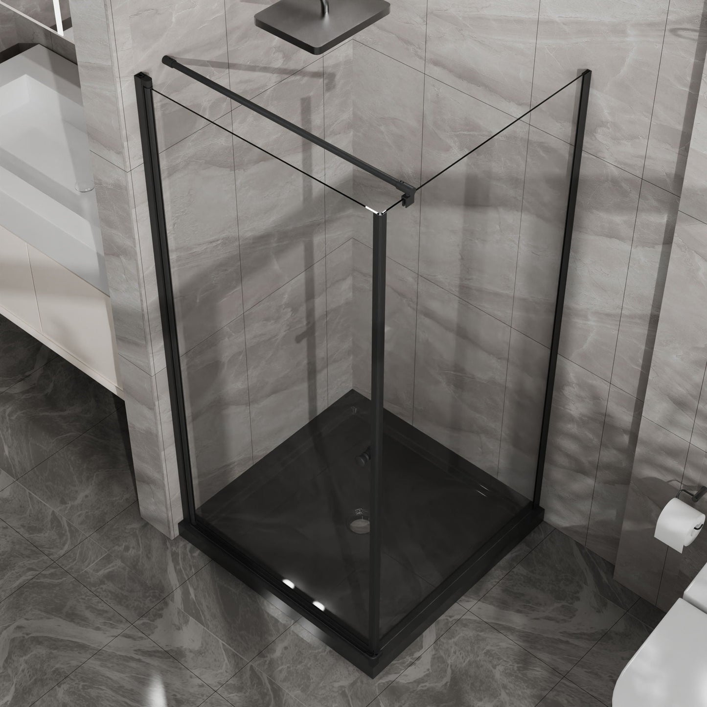 Corner Shower Enclosure with Frameless Pivot Door - Black