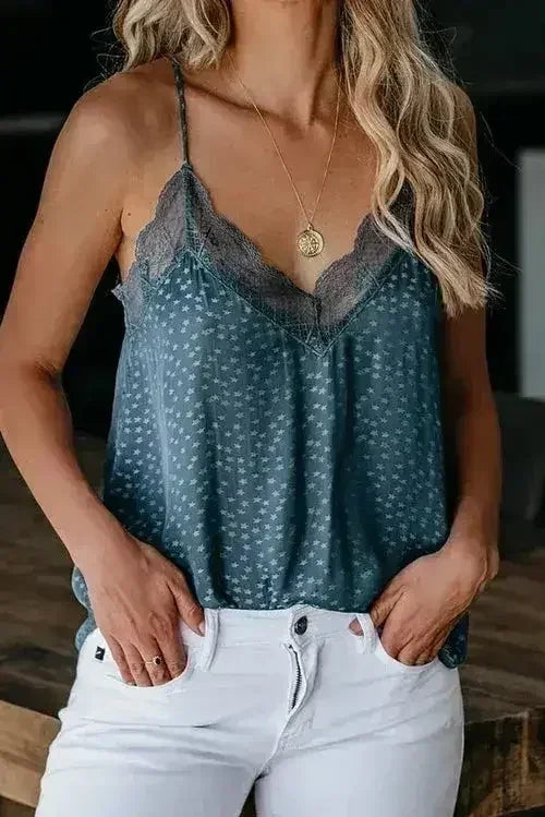 Spaghetti Strap Printed Lace Tank Top